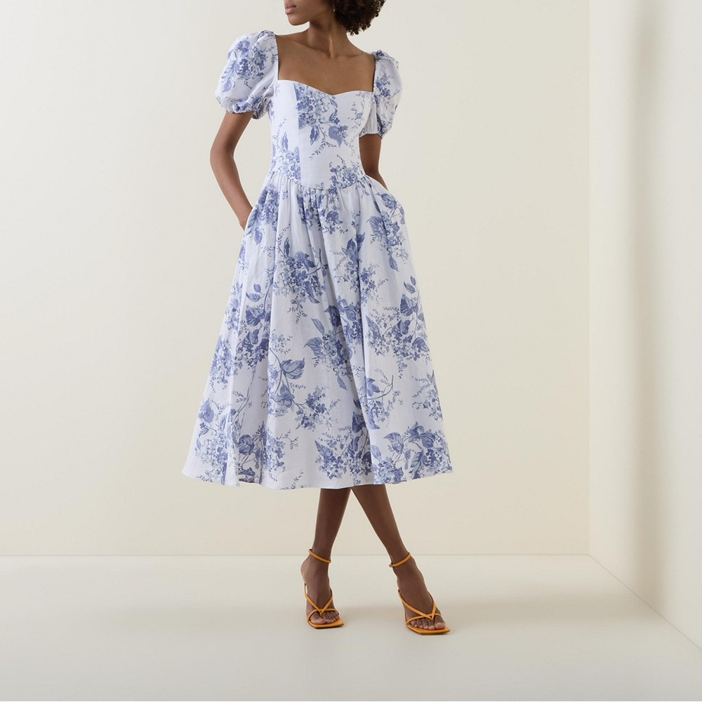 Reformation Cream Midi Dress with Blue Floral Print - Picture 8 of 15